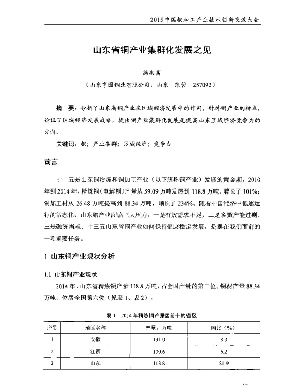 山东省铜产业集群化发展之见