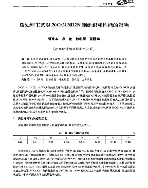 热处理工艺对20Cr21Ni12N钢组织和性能的影响