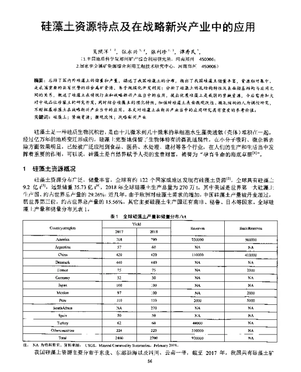 硅藻土资源特点及在战略新兴产业中的应用