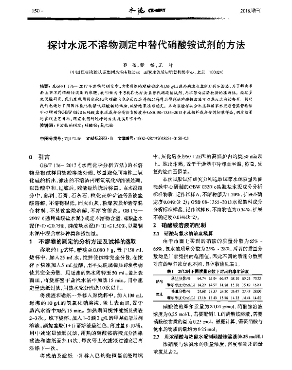探讨水泥不溶物测定中替代硝酸铵试剂的方法