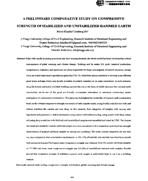 APRELIMINARYCOMPARATIVESTUDYONCOMPRESSIVESTRENGTHOFSTABILIZEDANDUNSTABILIZEDRAMMEDEARTH