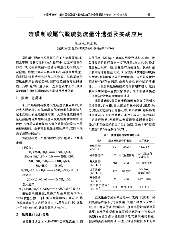 硫磺制酸尾气脱硫氨流量计选型及实践应用