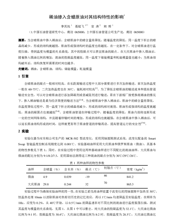 稀油掺入含蜡原油对其结构特性的影响