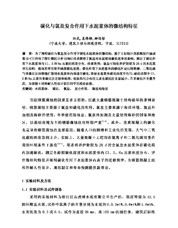 碳化与氯盐复合作用下水泥浆体的微结构特征