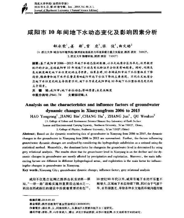 咸阳市10年间地下水动态变化及影响因素分析