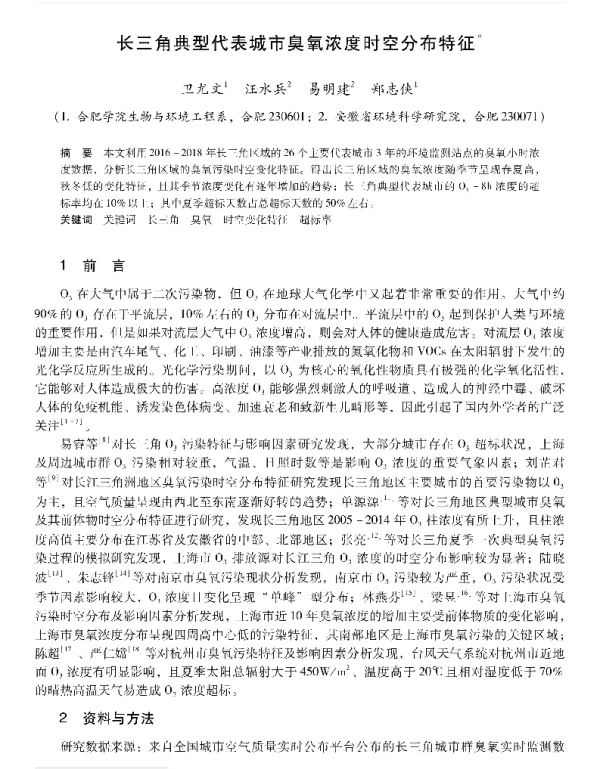 长三角典型代表城市臭氧浓度时空分布特征