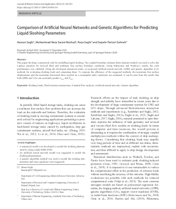 Comparison of Artificial Neural Networks and Genetic Algorithms for Predicting Liquid Sloshing Parameters