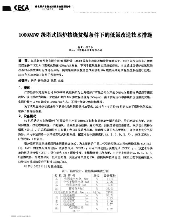 1000MW级塔式锅炉掺烧贫煤条件下的低氮改造技术措施