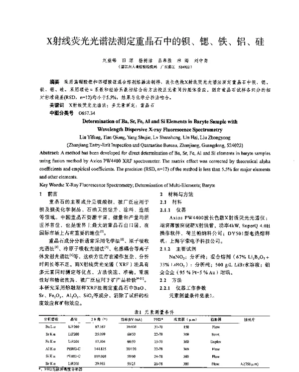 X射线荧光光谱法测定重晶石中的钡、锶、铁、铝、硅