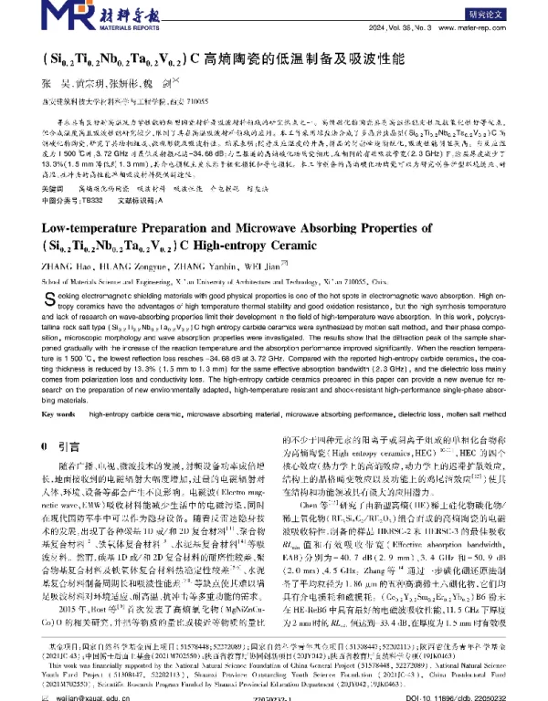 (Si0.2Ti0.2Nb0.2Ta0.2V0.2)C高熵陶瓷的低温制备及吸波性能