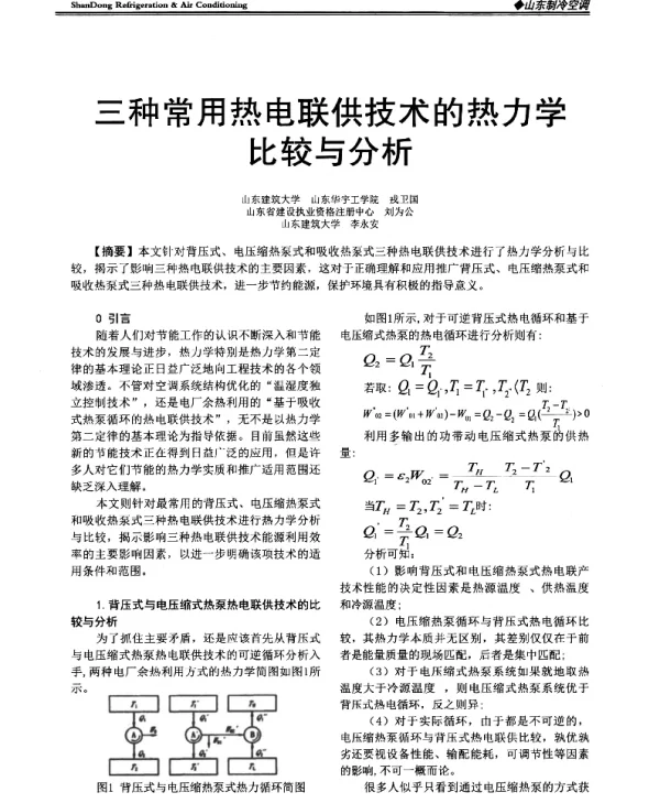 三种常用热电联供技术的热力学比较与分析
