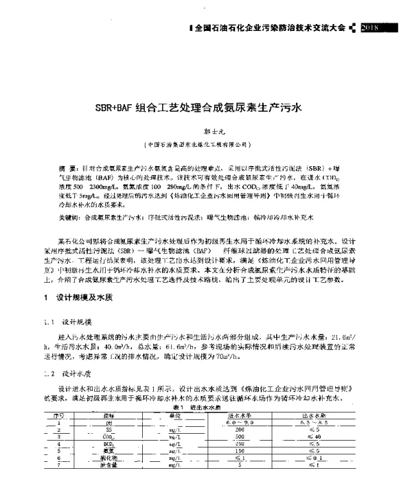 SBR+BAF组合工艺处理合成氨尿素生产污水