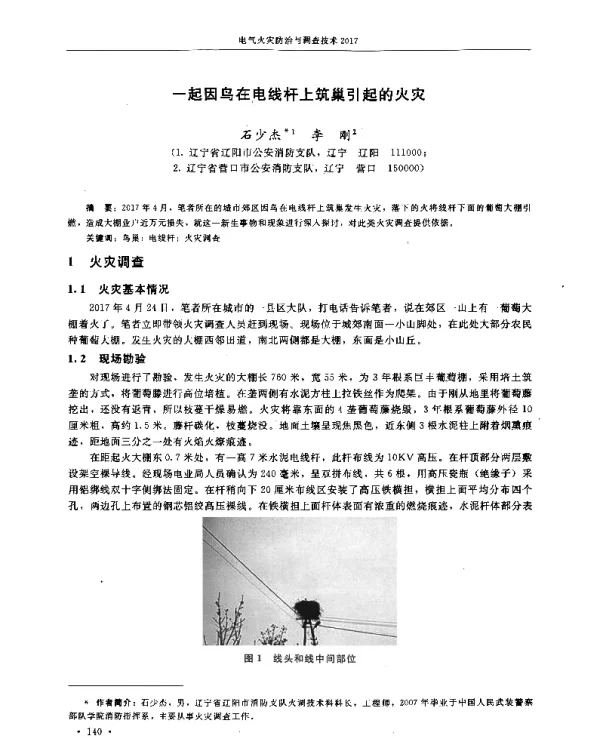 一起因鸟在电线杆上筑巢引起的火灾