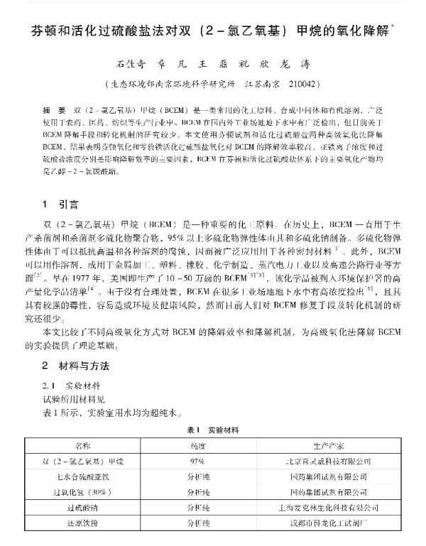 芬顿和活化过硫酸盐法对双(2氯乙氢基)甲烷的氧化降解