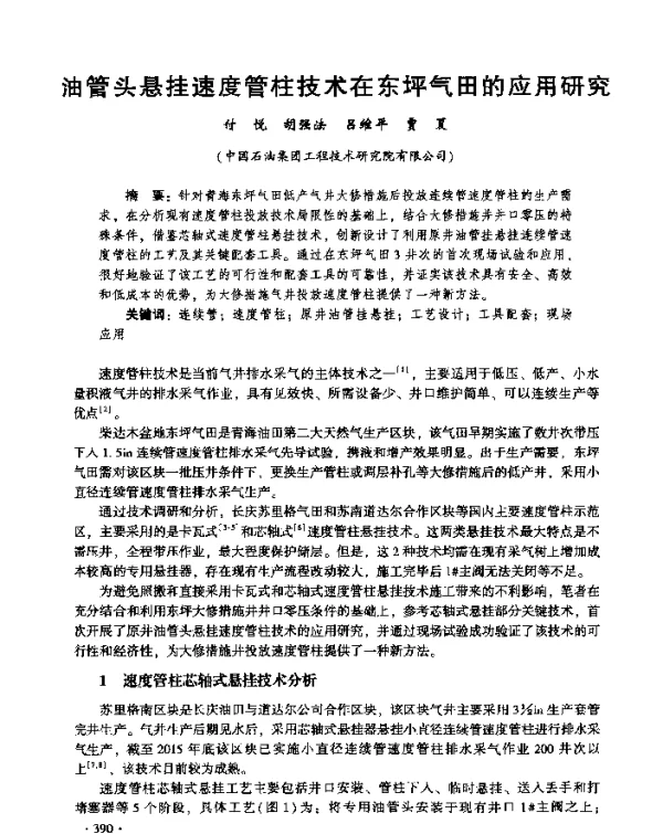油管头悬挂速度管柱技术在东坪气田的应用研究