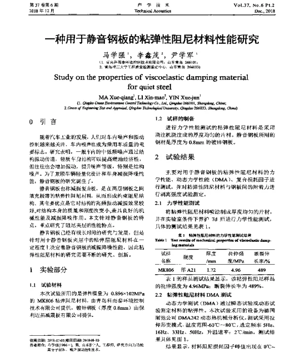 一种用于静音钢板的粘弹性阻尼材料性能研究
