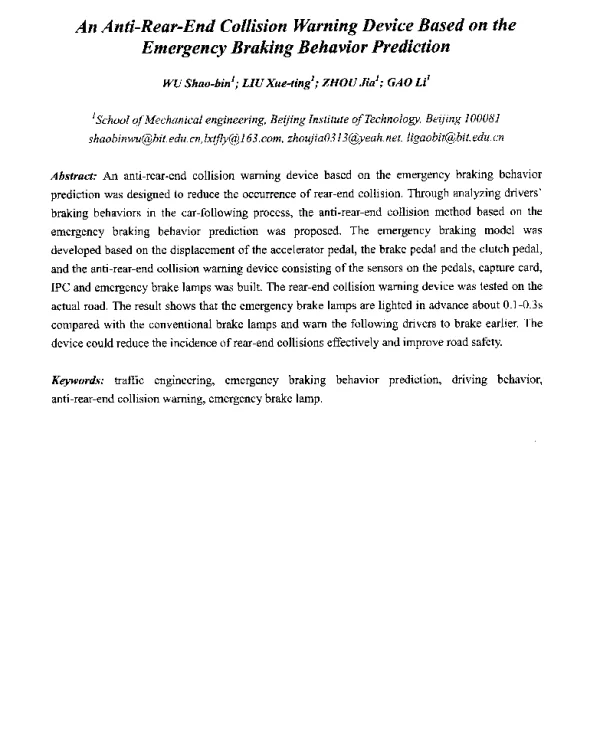 AnAnti-Rear-EndCollisionWarningDeviceBasedontheEmergencyBrakingBehaviorPrediction