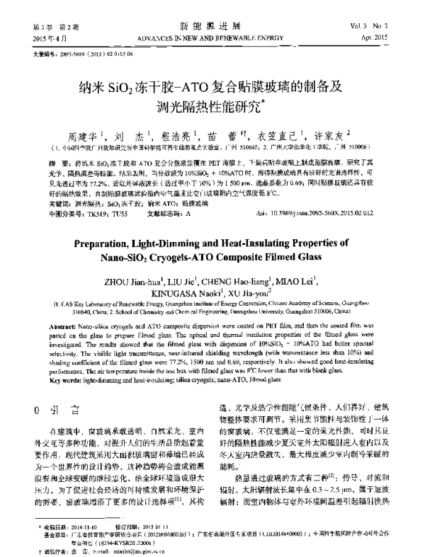纳米SiO2冻干胶-ATO复合贴膜玻璃的制备及调光隔热性能研究