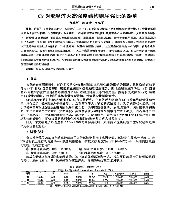 Cr对亚温淬火高强度结构钢屈强比的影响