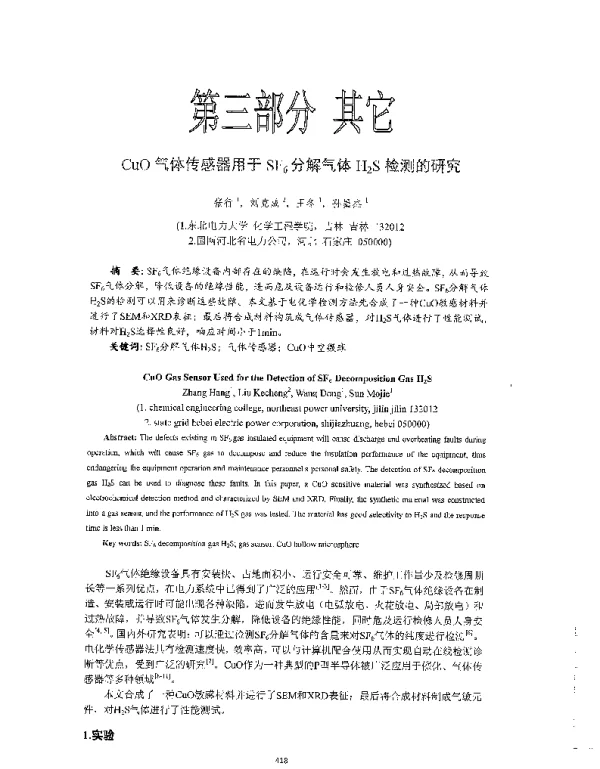 CuO气体传感器用于SF6分解气体H2S检测的研究