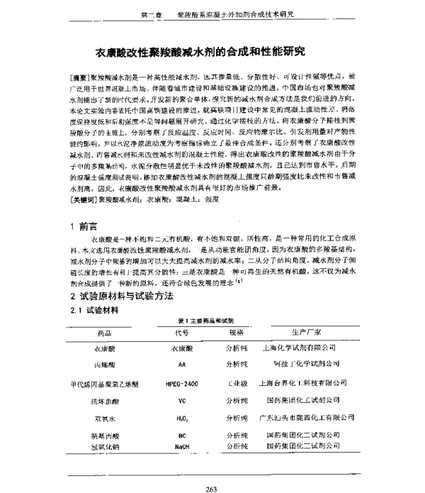 衣康酸改性聚羧酸减水剂的合成和性能研究