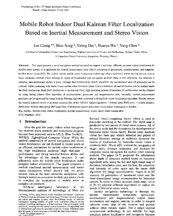 MobileRobotIndoorDualKalmanFilterLocalizationBasedonInertialMeasurementandStereoVision