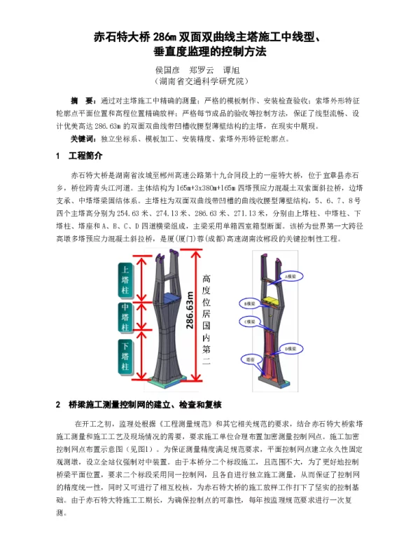 赤石特大桥286m双面双曲线主塔施工中线型、垂直度监理的控制方法
