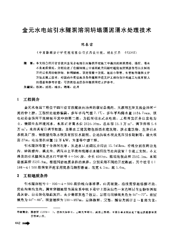 金元水电站引水隧洞溶洞坍塌涌泥涌水处理技术