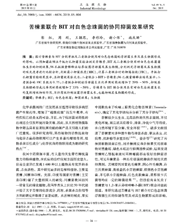 苦楝素联合BIT对白色念珠菌的协同抑菌效果研究