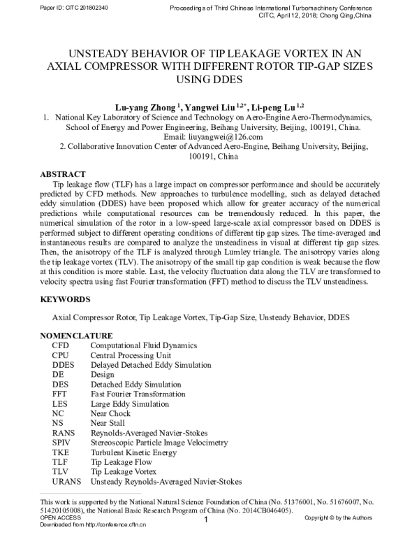 UNSTEADYBEHAVIOROFTIPLEAKAGEVORTEXINANAXIALCOMPRESSORWITHDIFFERENTROTORTIP-GAPSIZESUSINGDDES