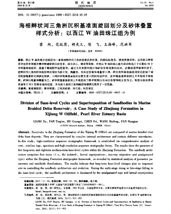 海相辫状河三角洲沉积基准面旋回划分及砂体叠置样式分析以西江W油田珠江组为例