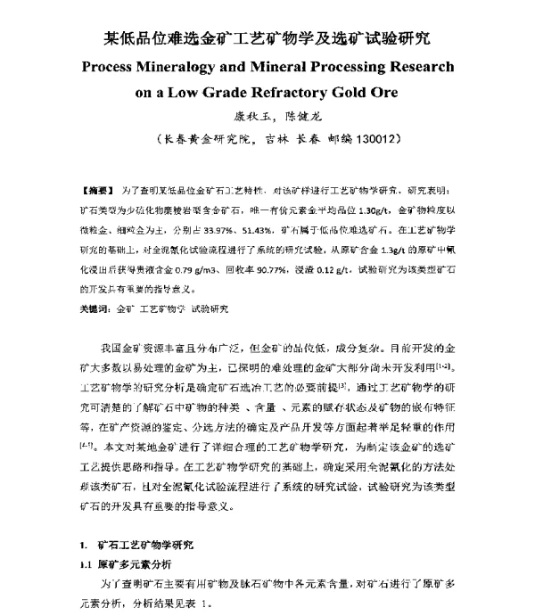某低品位难选金矿工艺矿物学及选矿试验研究