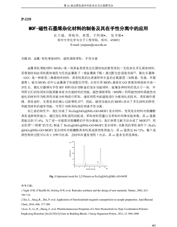 MOF-磁性石墨烯杂化材料的制备及其在手性分离中的应用