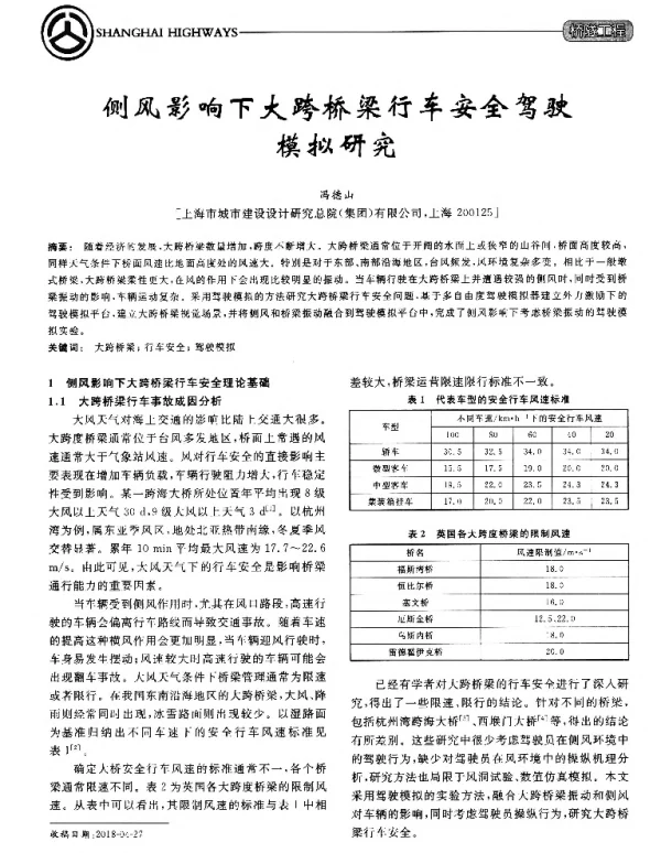 侧风影响下大跨桥梁行车安全驾驶模拟研究