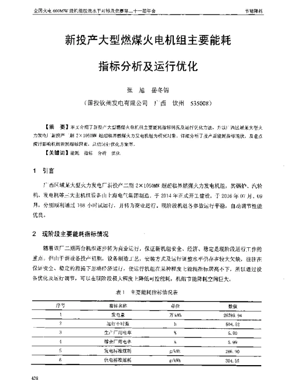 新投产大型燃煤火电机组主要能耗指标分析及运行优化