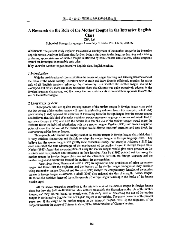 AResearchontheRoleoftheMotherTongueintheIntensiveEnglishClass