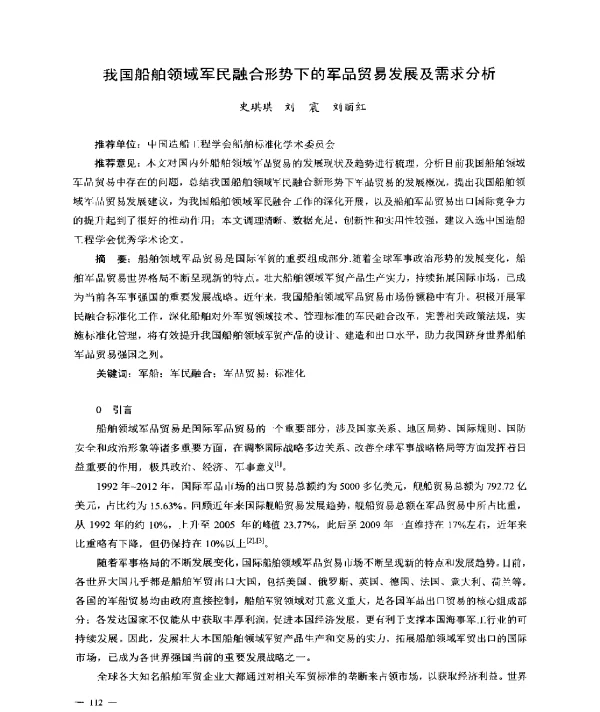 我国船舶领域军民融合形势下的军品贸易发展及需求分析
