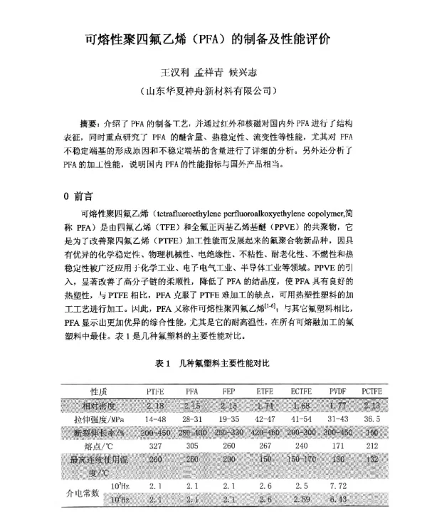可熔性聚四氟乙烯(PFA)的制备及性能评价