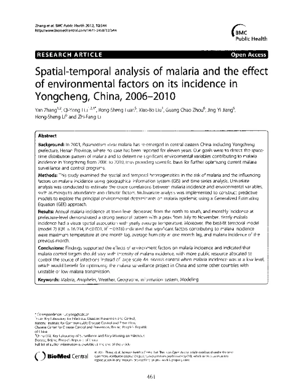 Spatial-temporalanalysisofmalariaandtheeffectofenvironmentalfactorsonitsincidenceinYongchengChina2006-2010