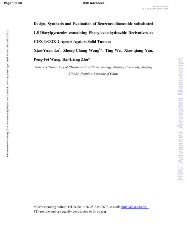 DesignSynthesisandEvaluationofBenzenesulfonamide-substituted15-DiarylpyrazolescontainingPhenylacetohydrazideDerivativesasCOX-1COX-2AgentsAgainstSolidTumors