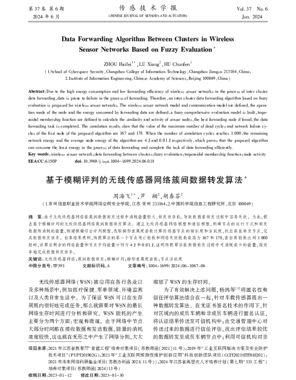 基于模糊评判的无线传感器网络簇间数据转发算法