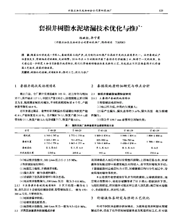 套损井树脂水泥堵漏技术优化与推广
