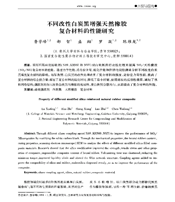 不同改性白炭黑增强天然橡胶复合材料的性能研究