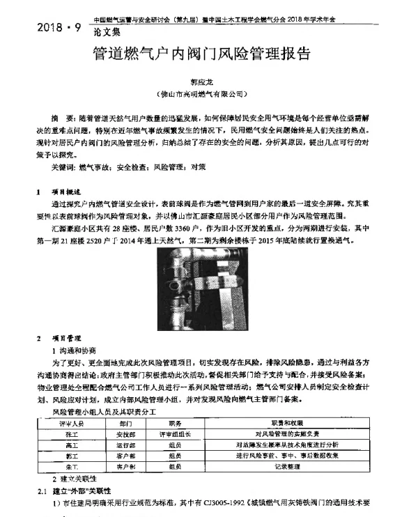 管道燃气户内阀门风险管理报告