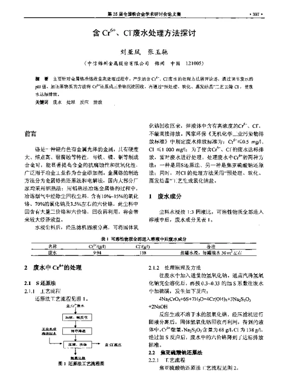 含Cr6+、Cl-废水处理方法探讨