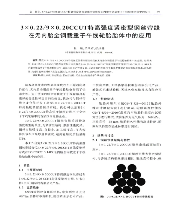 3×0.229×0.20CCUT特高强度紧密型钢丝帘线在无内胎全钢载重子午线轮胎胎体中的应用