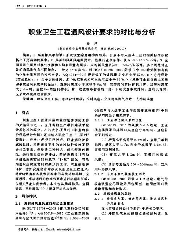 职业卫生工程通风设计要求的对比与分析