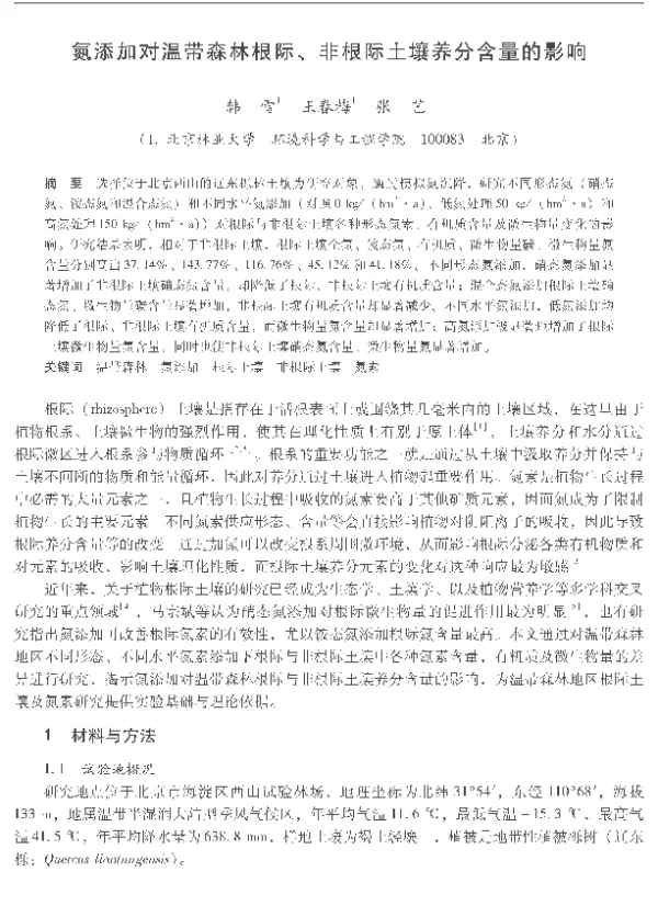 氮添加对温带森林根际、非根际土壤养分含量的影晌