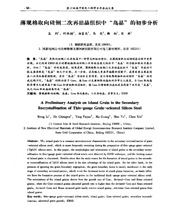 薄规格取向硅钢二次再结晶组织中岛晶的初步分析