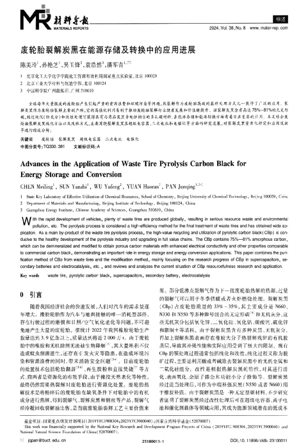 废轮胎裂解炭黑在能源存储及转换中的应用进展